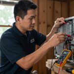 男性がエアコン室外機を修理している