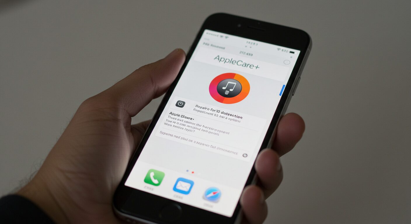 AppleCare＋と表示されたiphoneを左手で持っている
